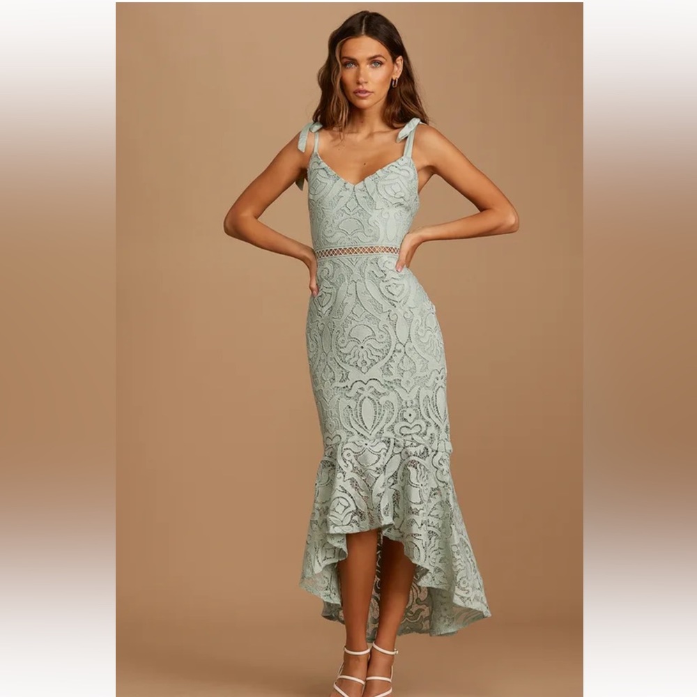 Won Your Heart Sage Green Lace Tie-Strap High-Low Midi Dress
